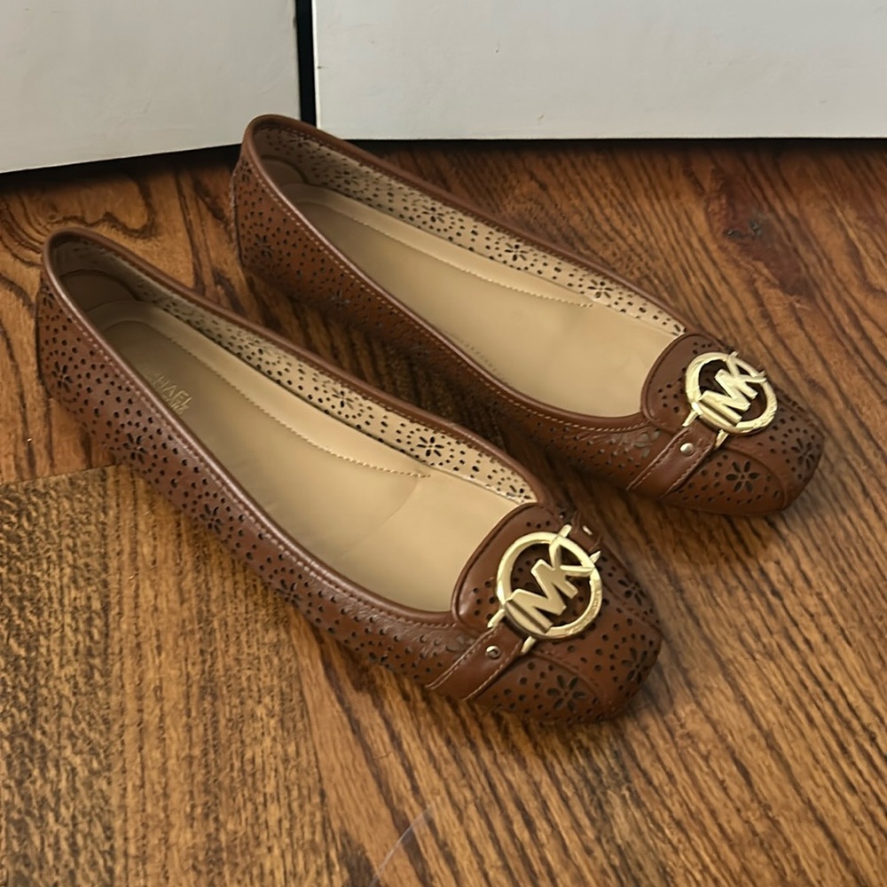 Michael Kors Brown Perforated Leather Ballet Flats with Gold Logo